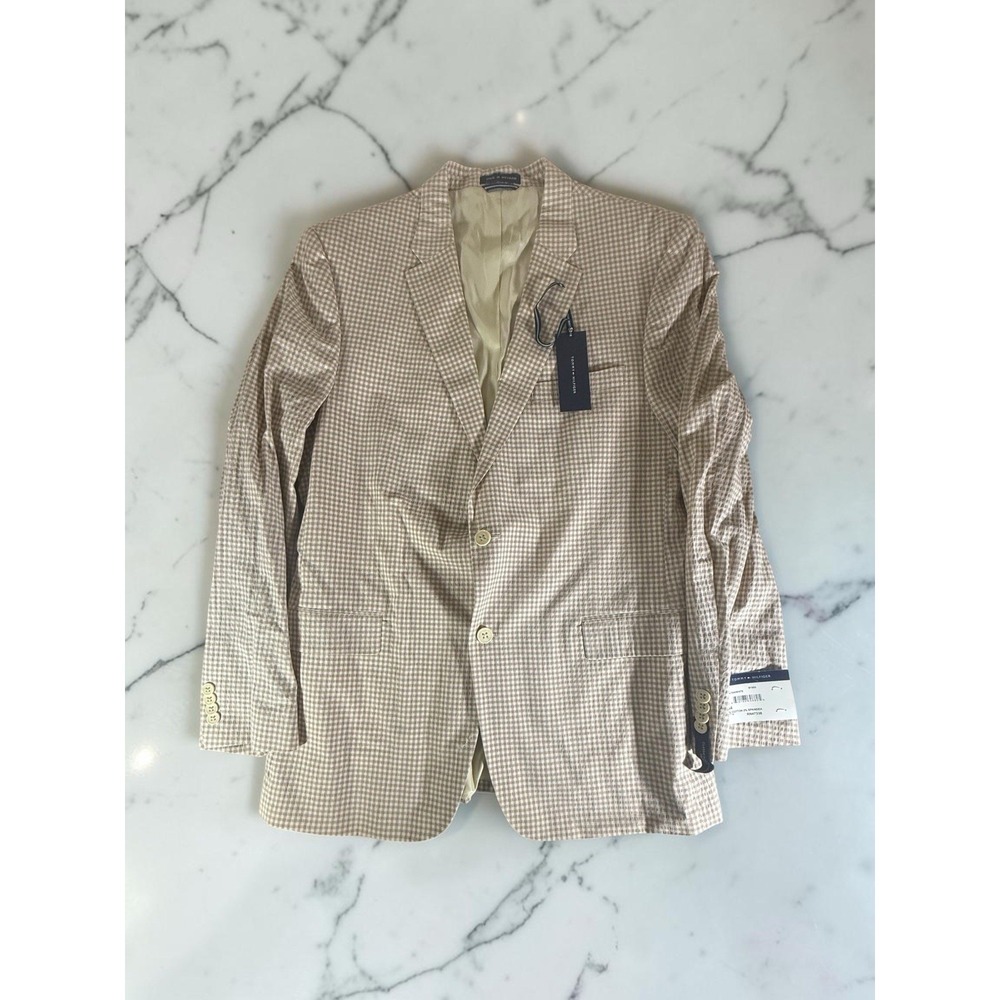 Tommy Hilfiger Blazer Jacket Size 44L Beige Gingham Plaid Seersucker Cotton Mens